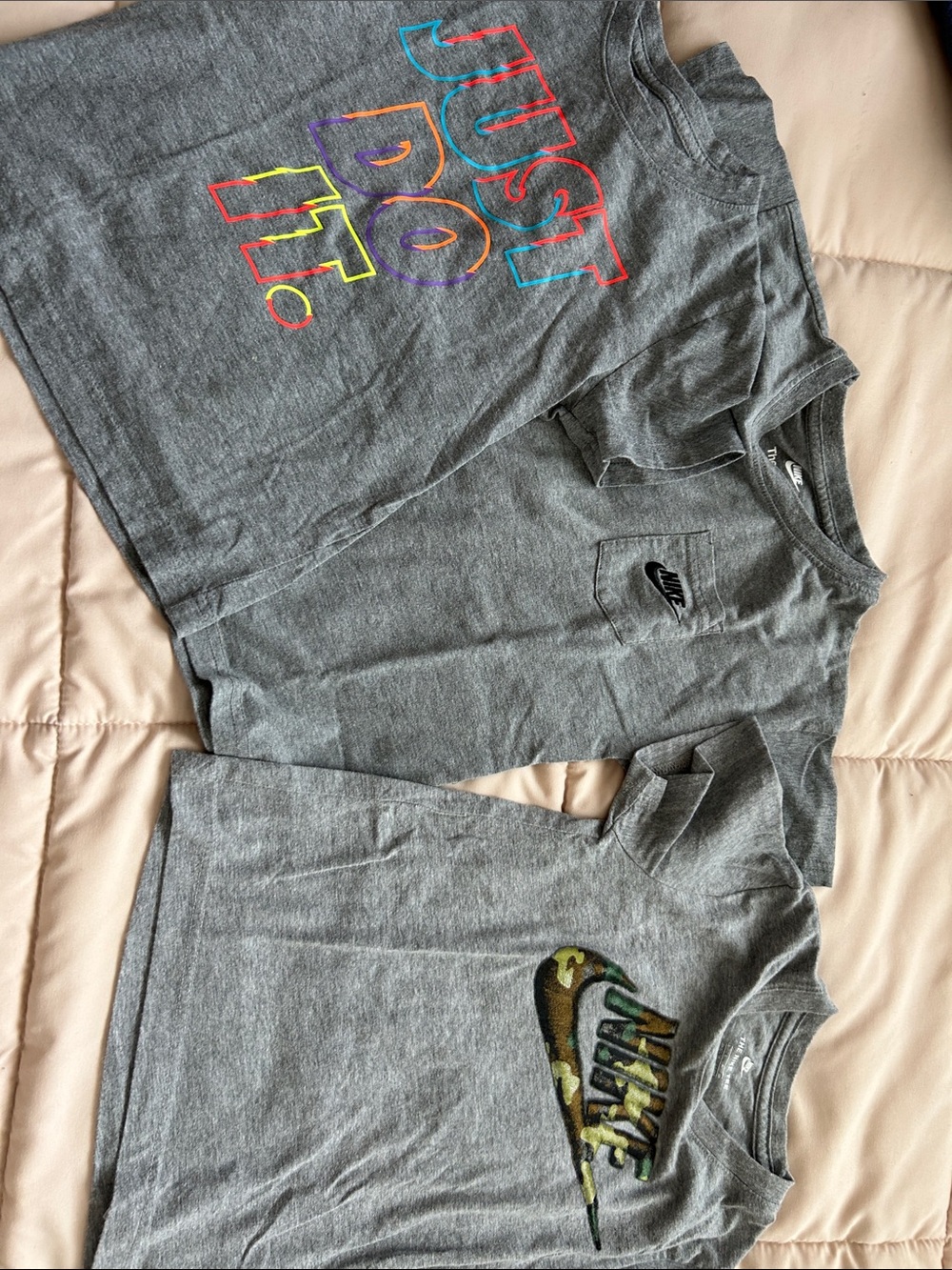 Bundle Nike Gray Tee Duo with Colorful "JUST DO IT" and Camo Swoosh